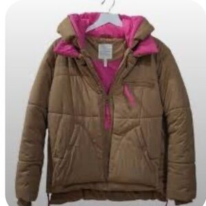 Avec Les Filles women’s puffer jacket coat sz 1X colorblocked orange/tan & pink